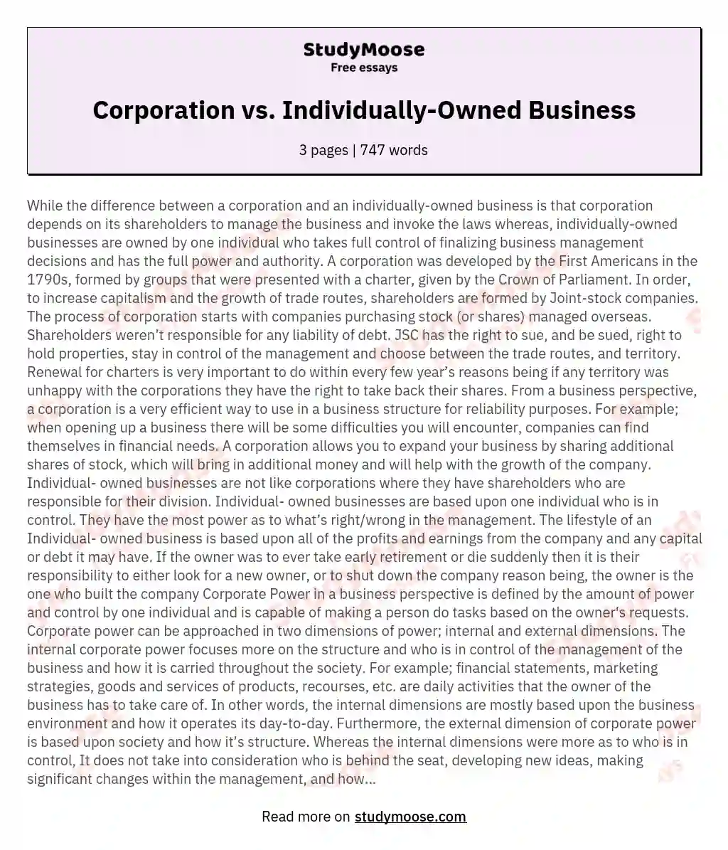 Corporation vs. Individually-Owned Business essay
