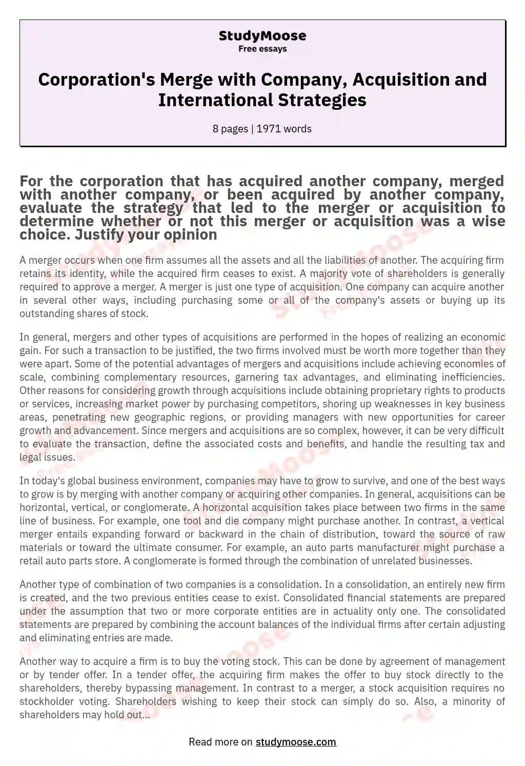 Corporation's Merge with Company, Acquisition and International Strategies essay