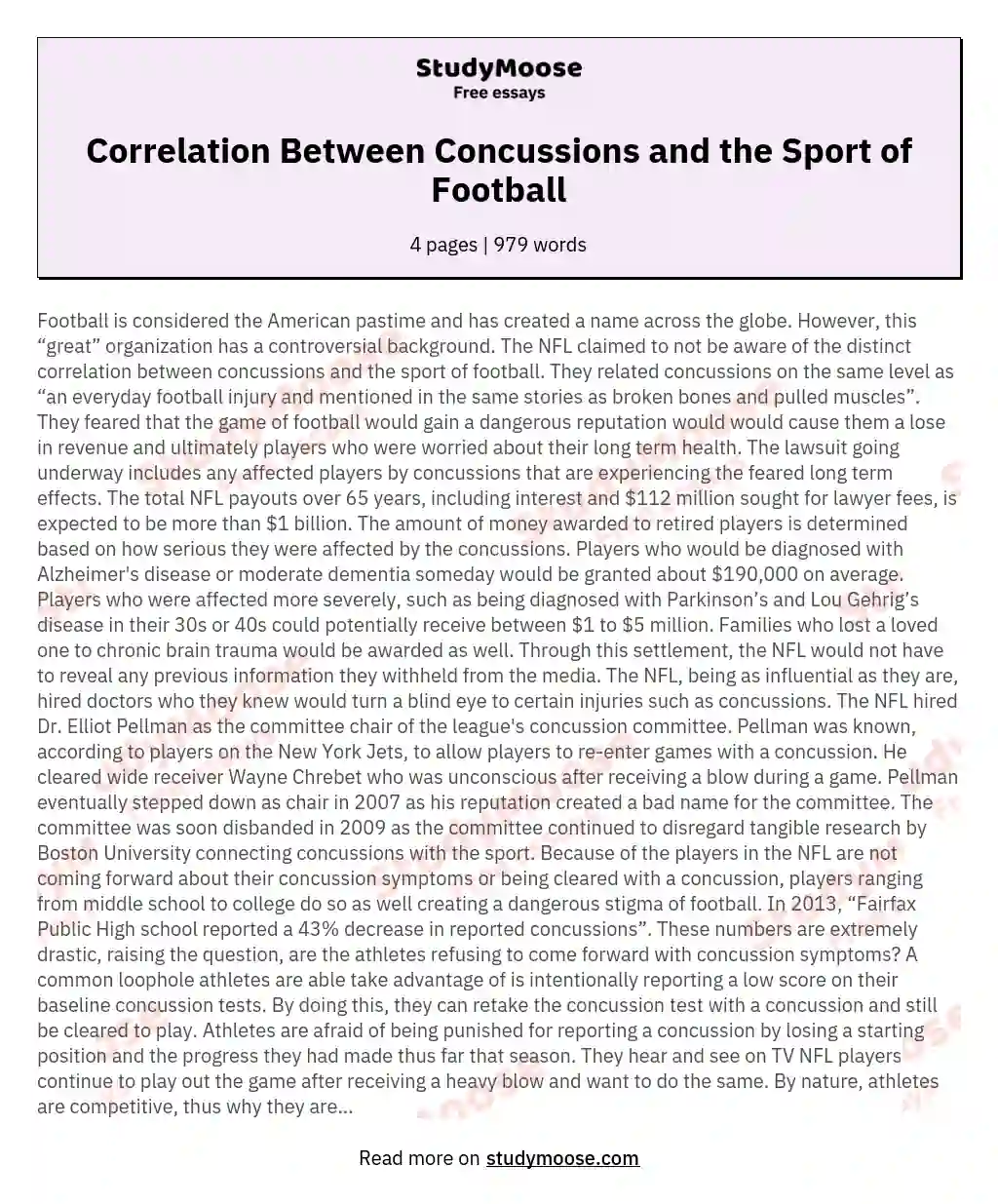 Correlation Between Concussions and the Sport of Football essay