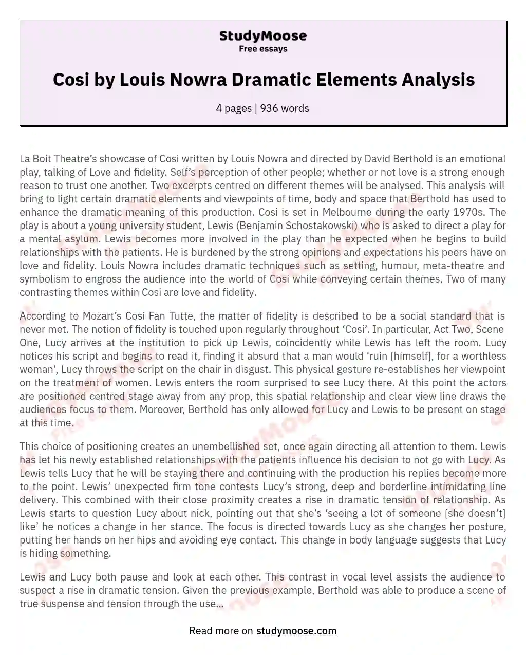 Cosi by Louis Nowra Dramatic Elements Analysis essay