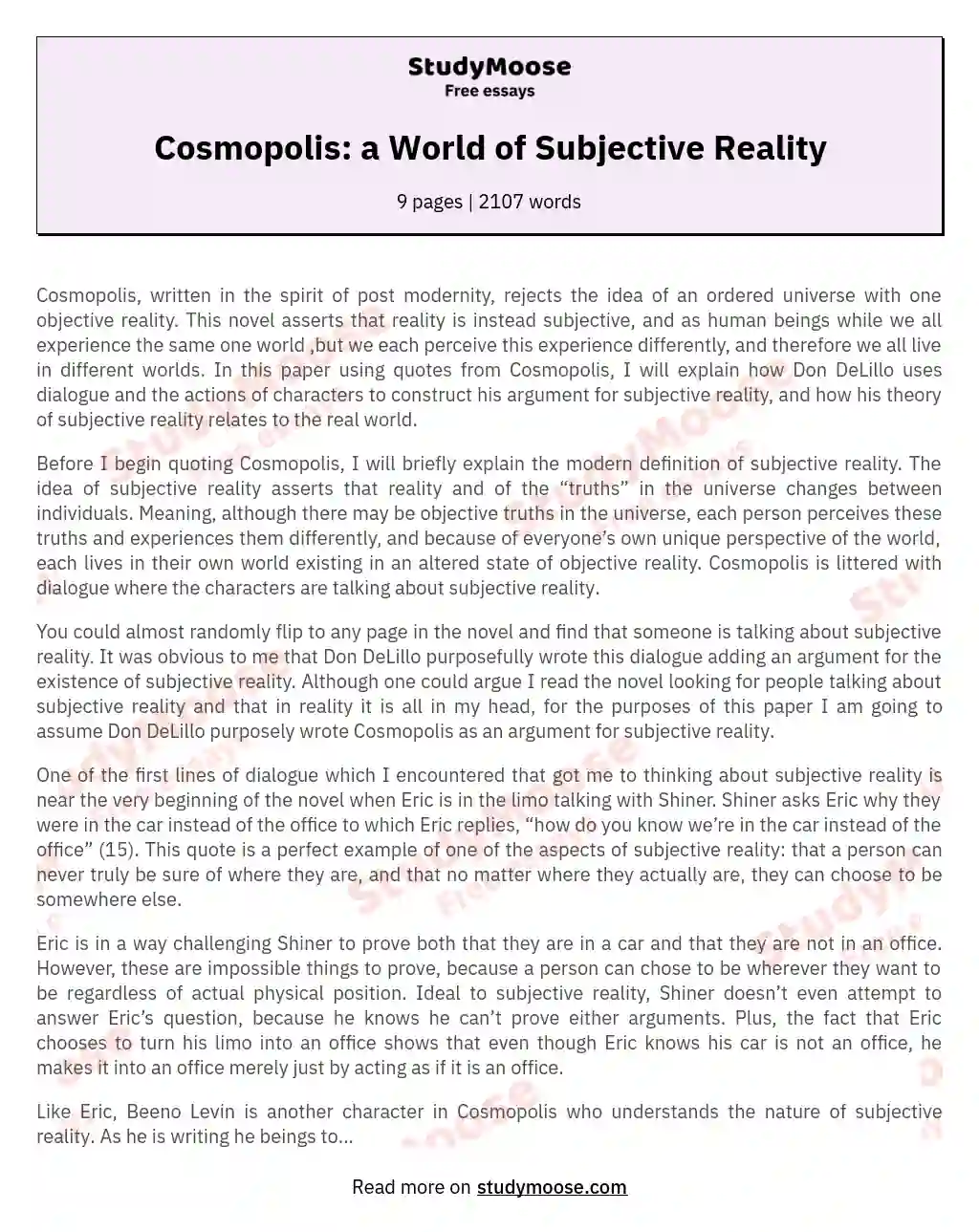 Subjective Reality in Cosmopolis: Challenging Perceptions essay