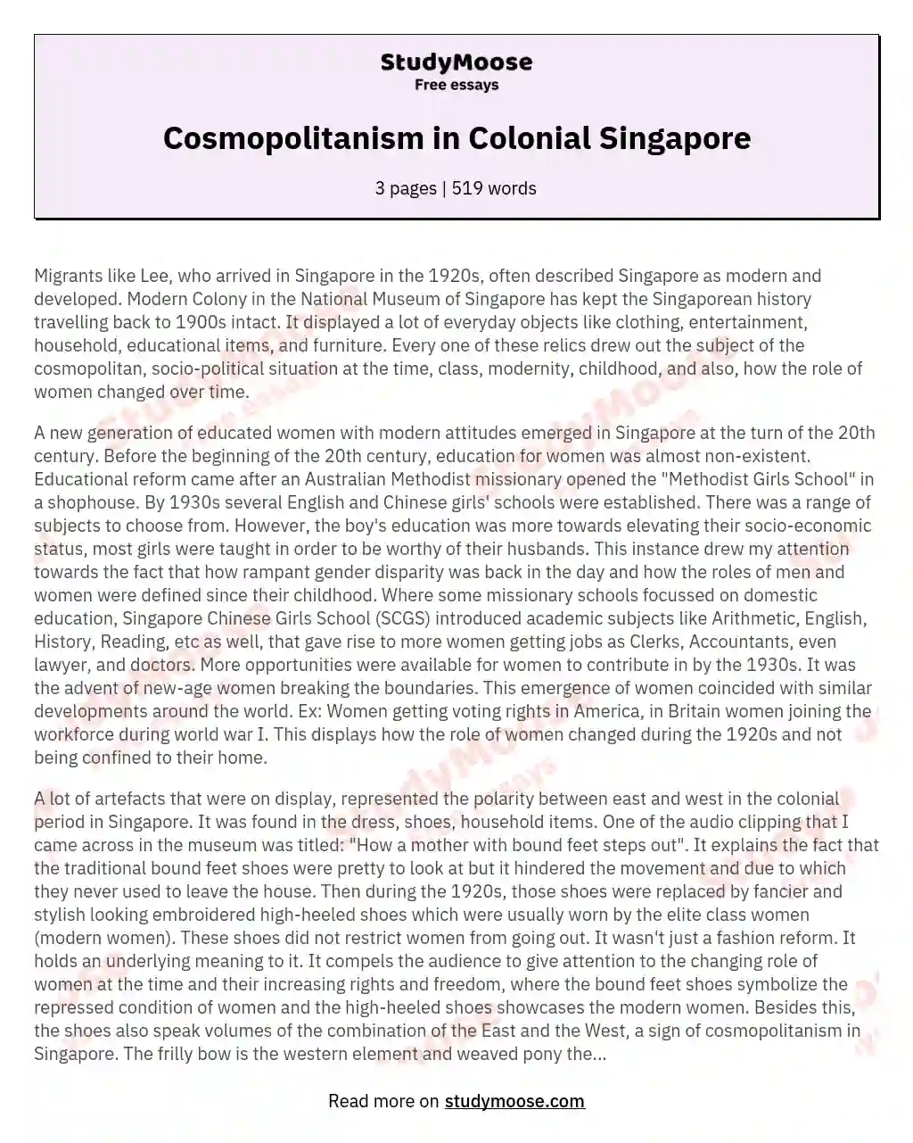 Cosmopolitanism in Colonial Singapore essay