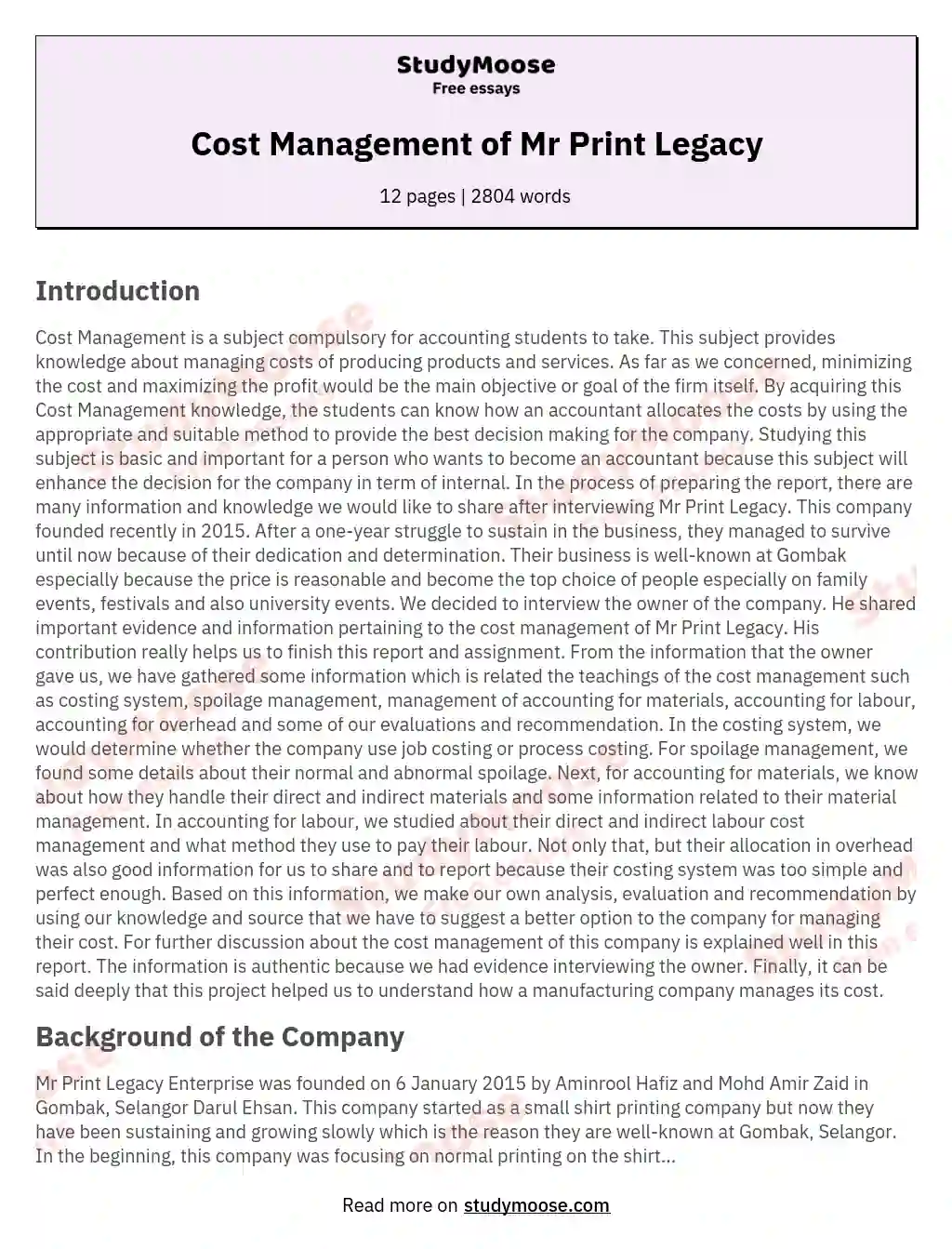Cost Management of Mr Print Legacy essay