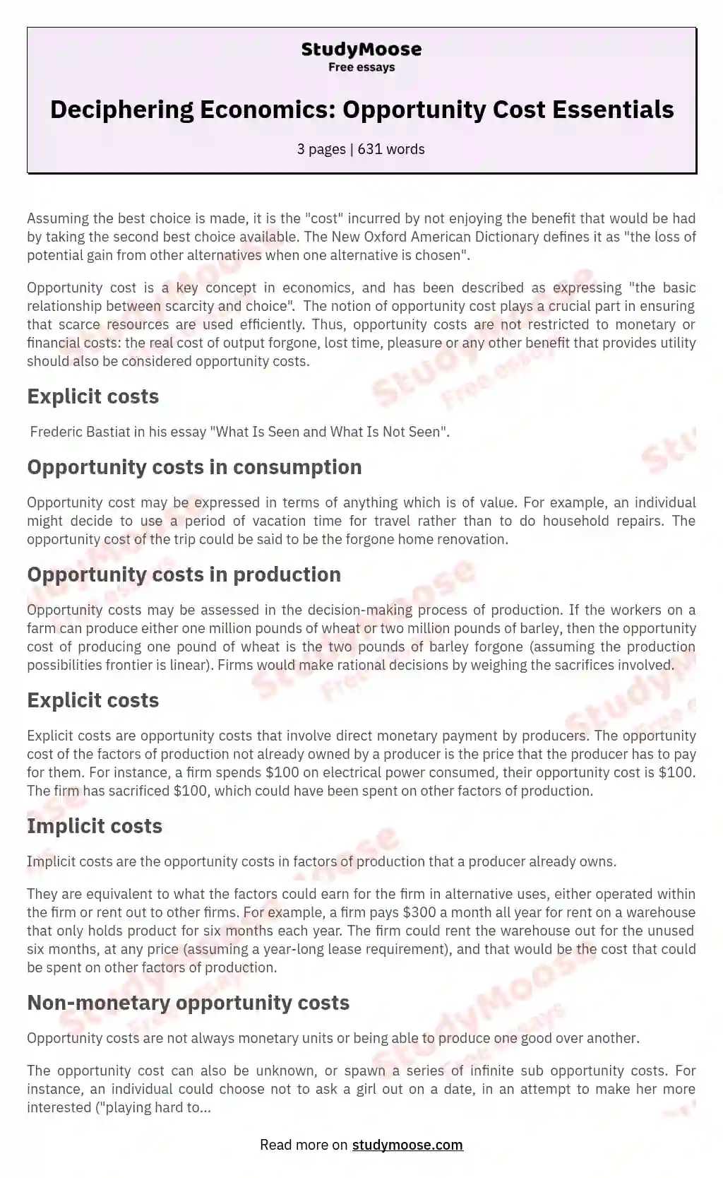 Deciphering Economics: Opportunity Cost Essentials essay