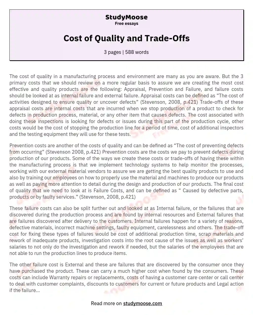 Cost of Quality and Trade-Offs essay