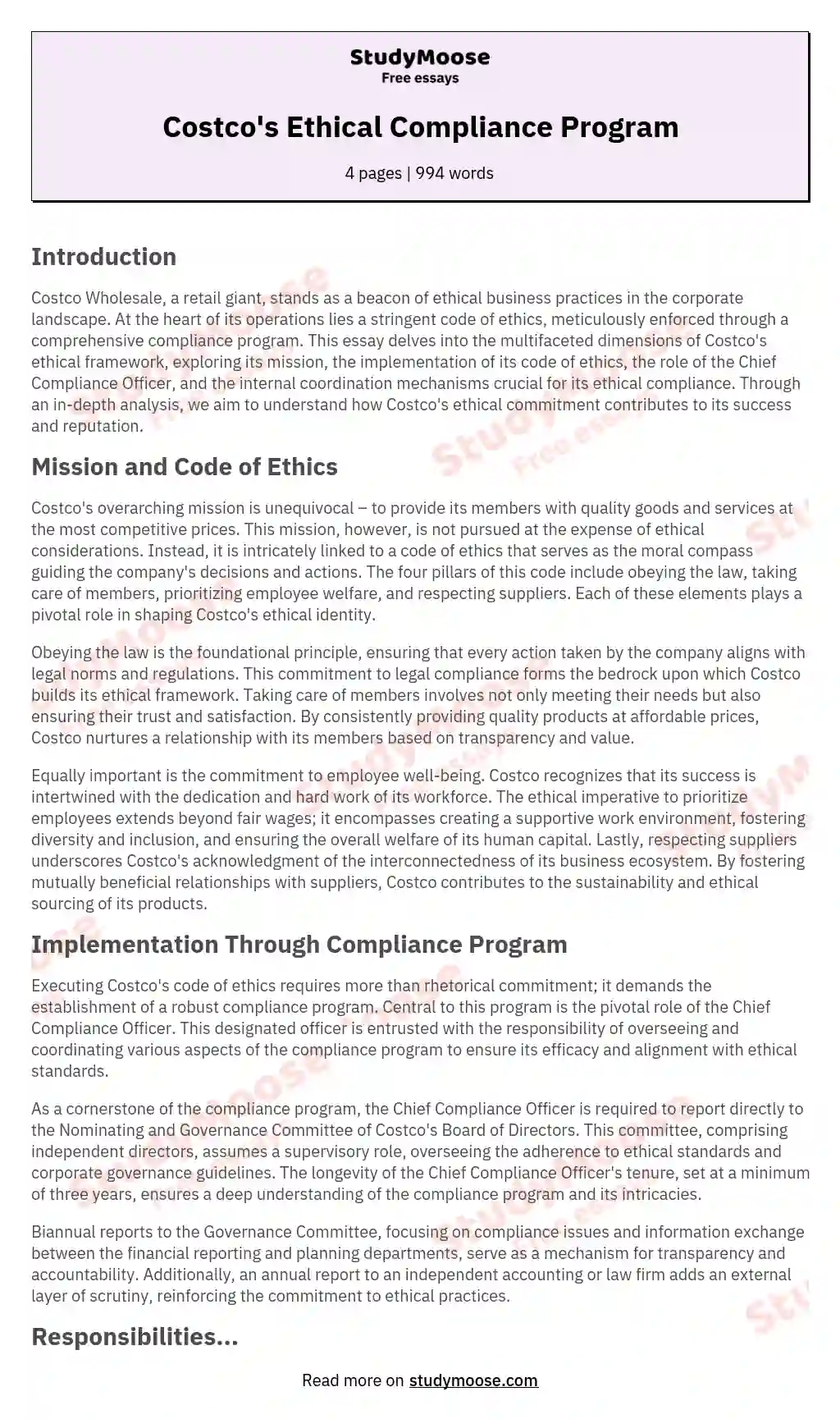 Costco's Ethical Compliance Program essay