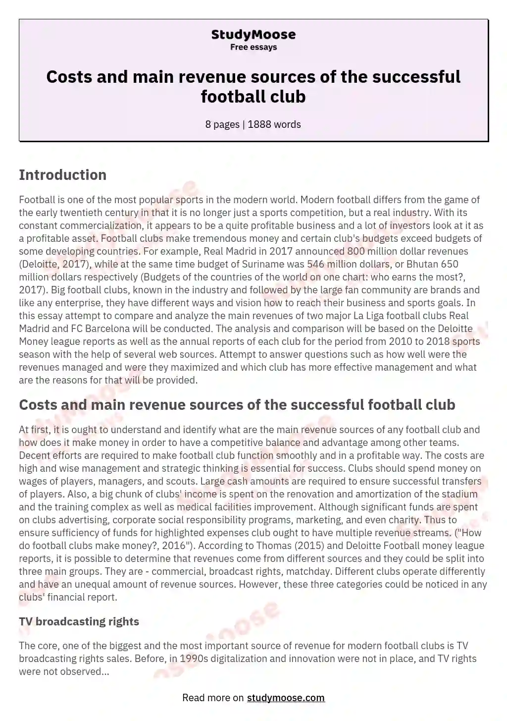 Costs and main revenue sources of the successful football club essay