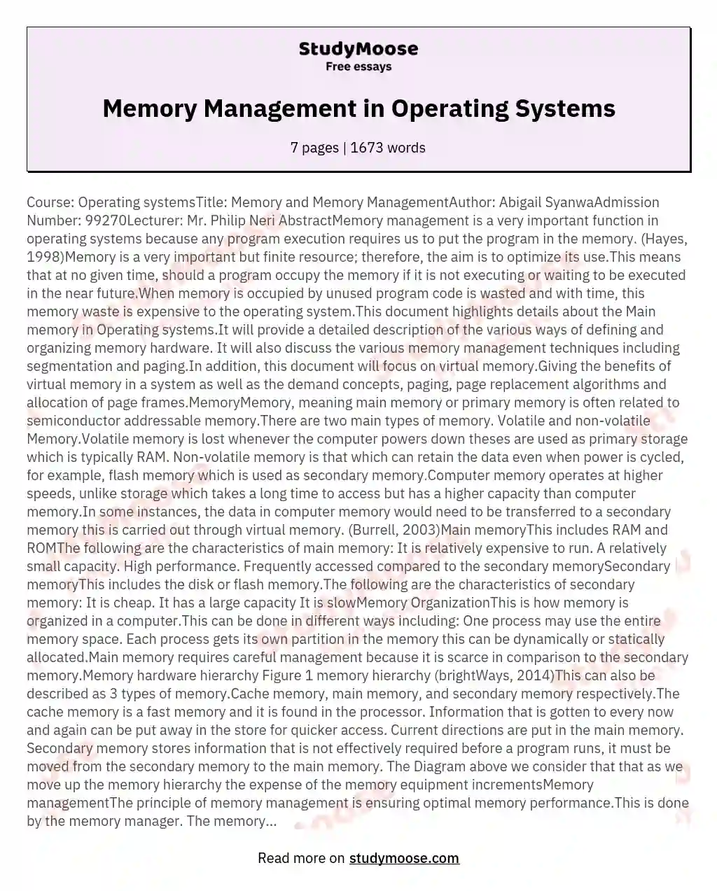 Memory Management in Operating Systems essay