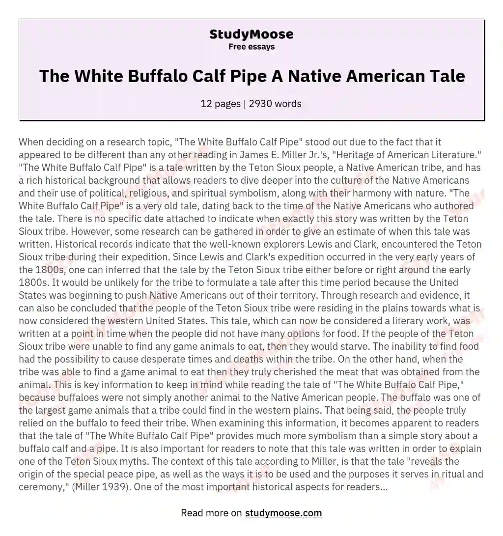 The White Buffalo Calf Pipe A Native American Tale essay
