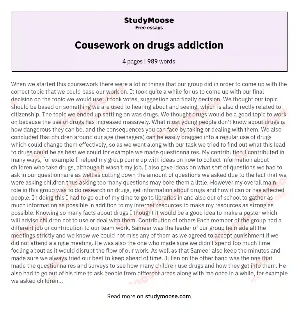 Cousework on drugs addiction essay