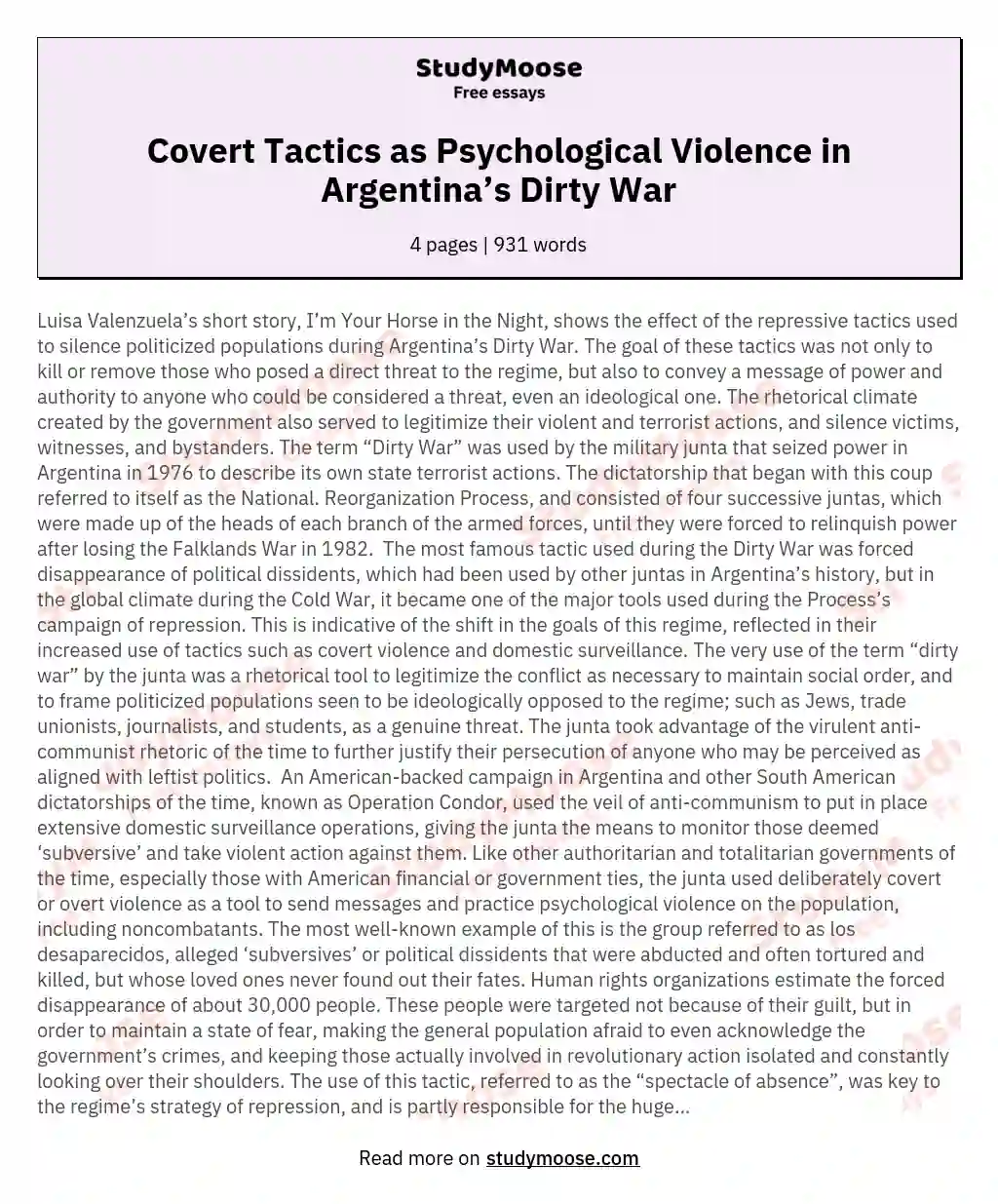 Covert Tactics as Psychological Violence in Argentina’s Dirty War essay