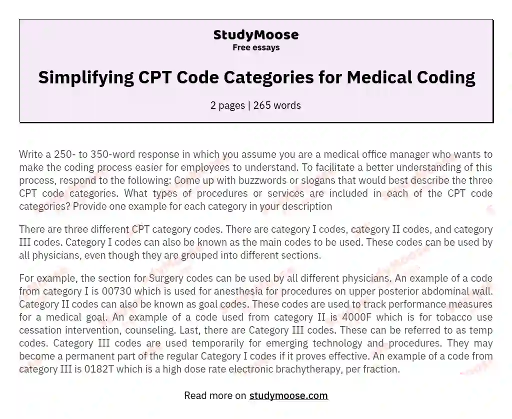 Simplifying CPT Code Categories for Medical Coding essay