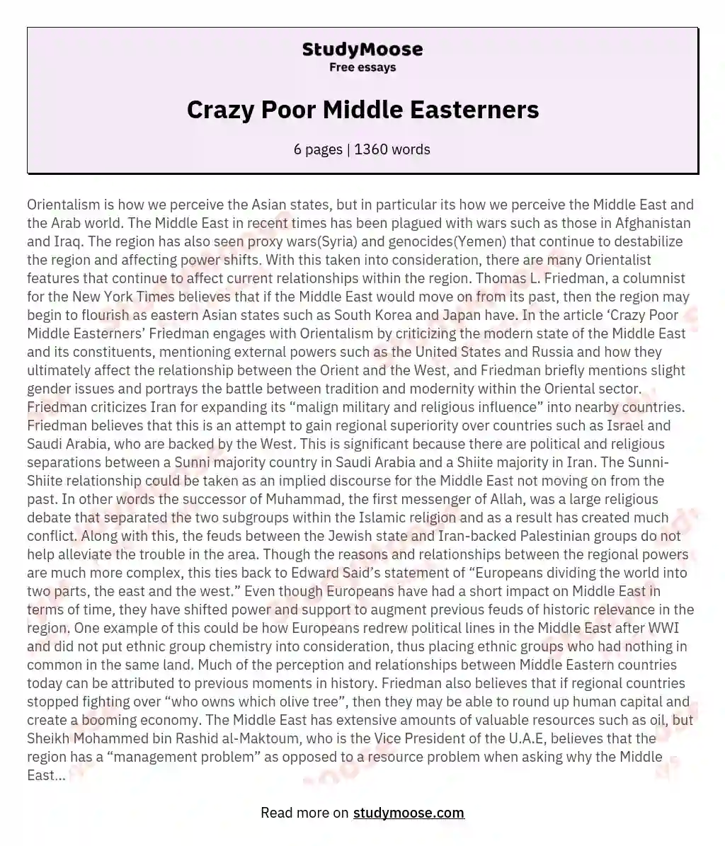 Crazy Poor Middle Easterners essay