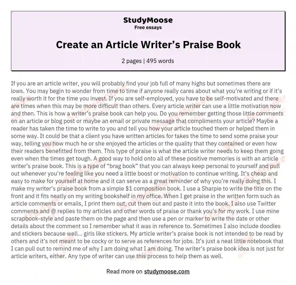 Create an Article Writer’s Praise Book essay