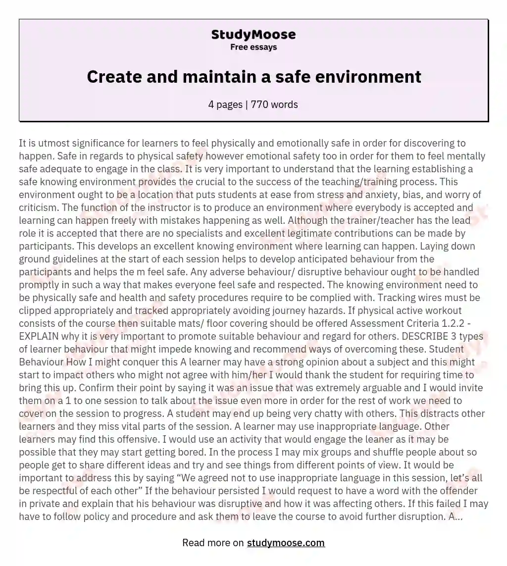 Create and maintain a safe environment essay