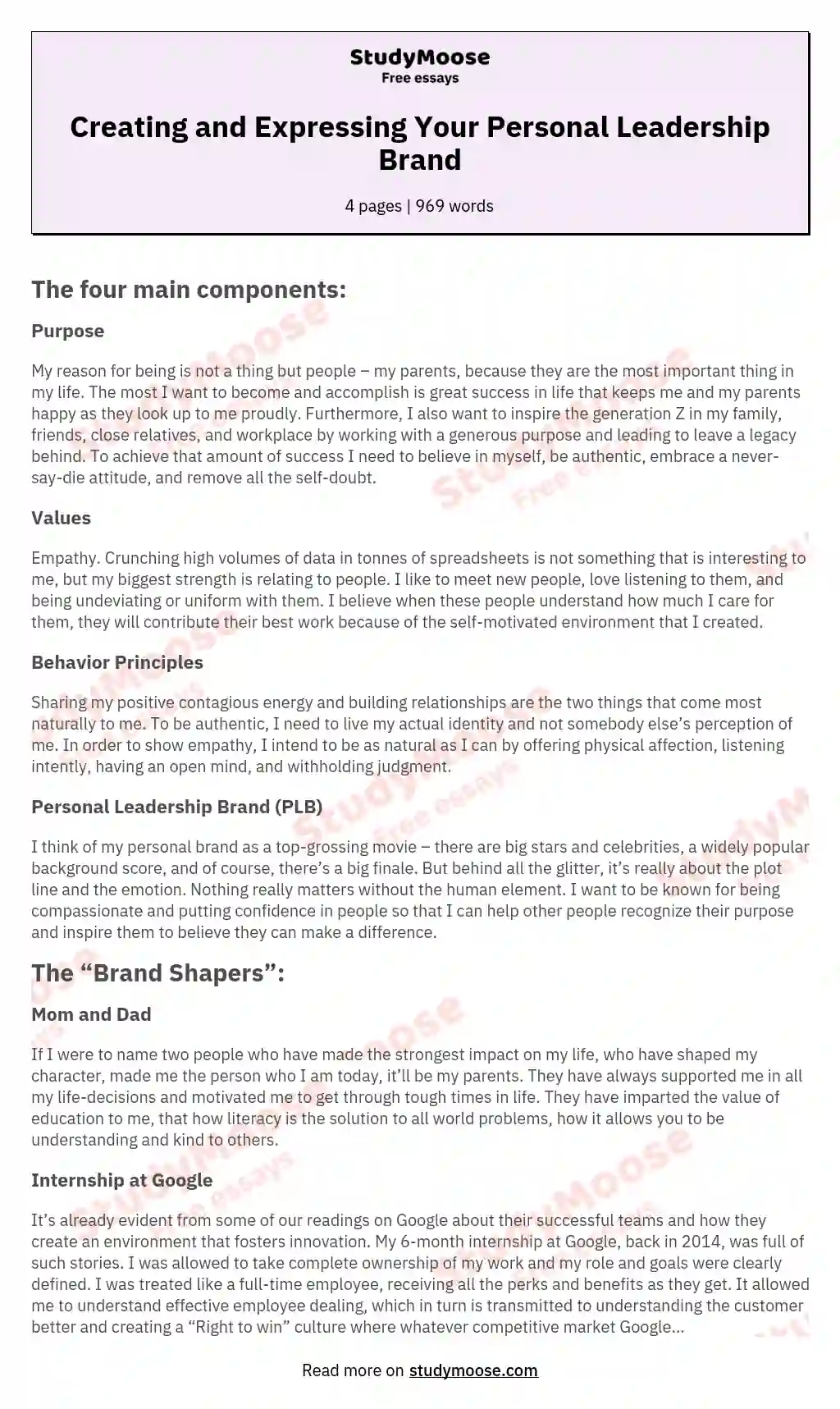 Creating and Expressing Your Personal Leadership Brand essay