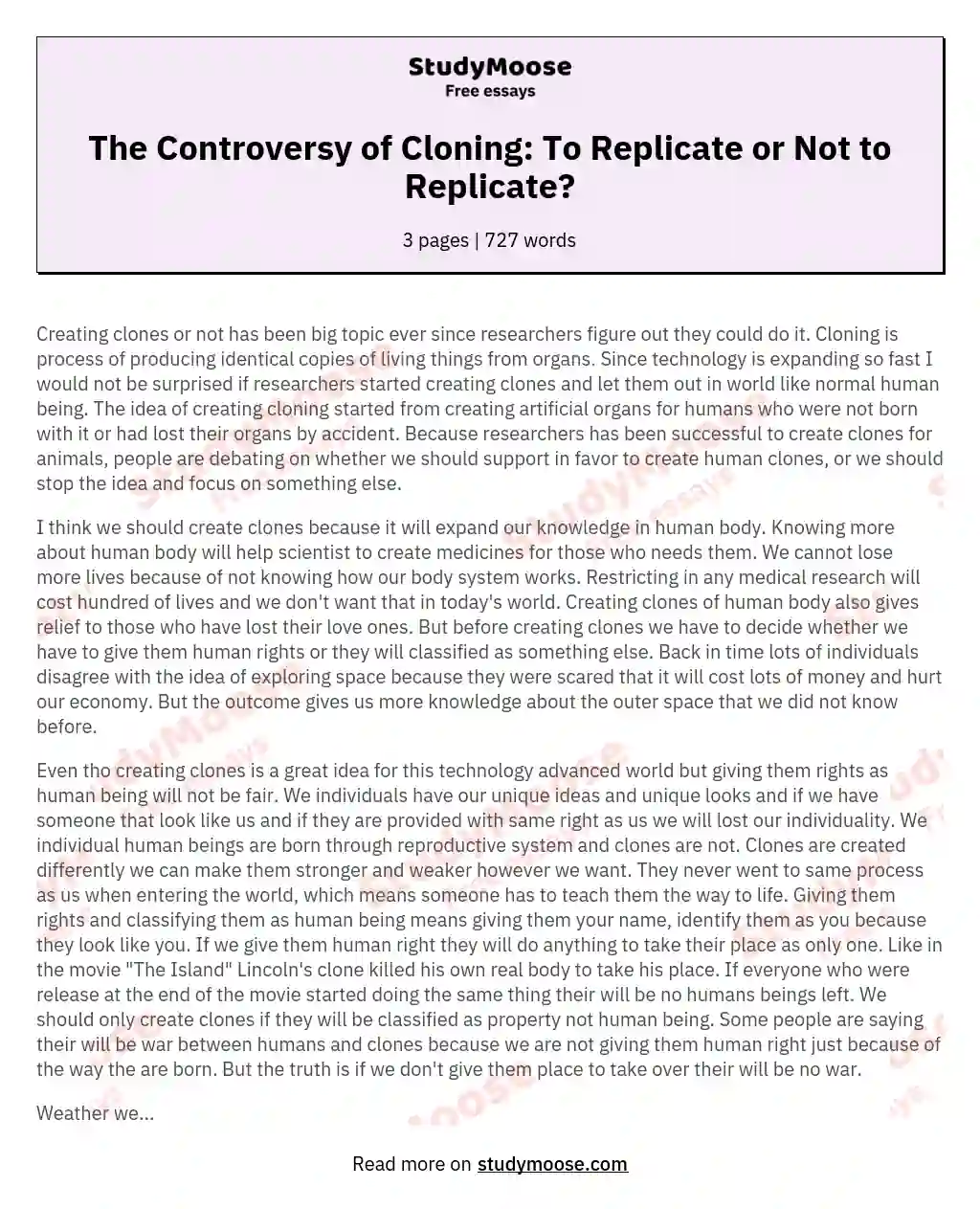 The Controversy of Cloning: To Replicate or Not to Replicate? essay
