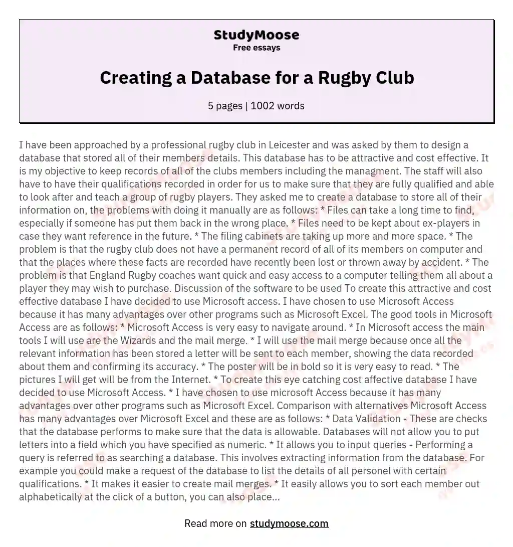 Creating a Database for a Rugby Club essay