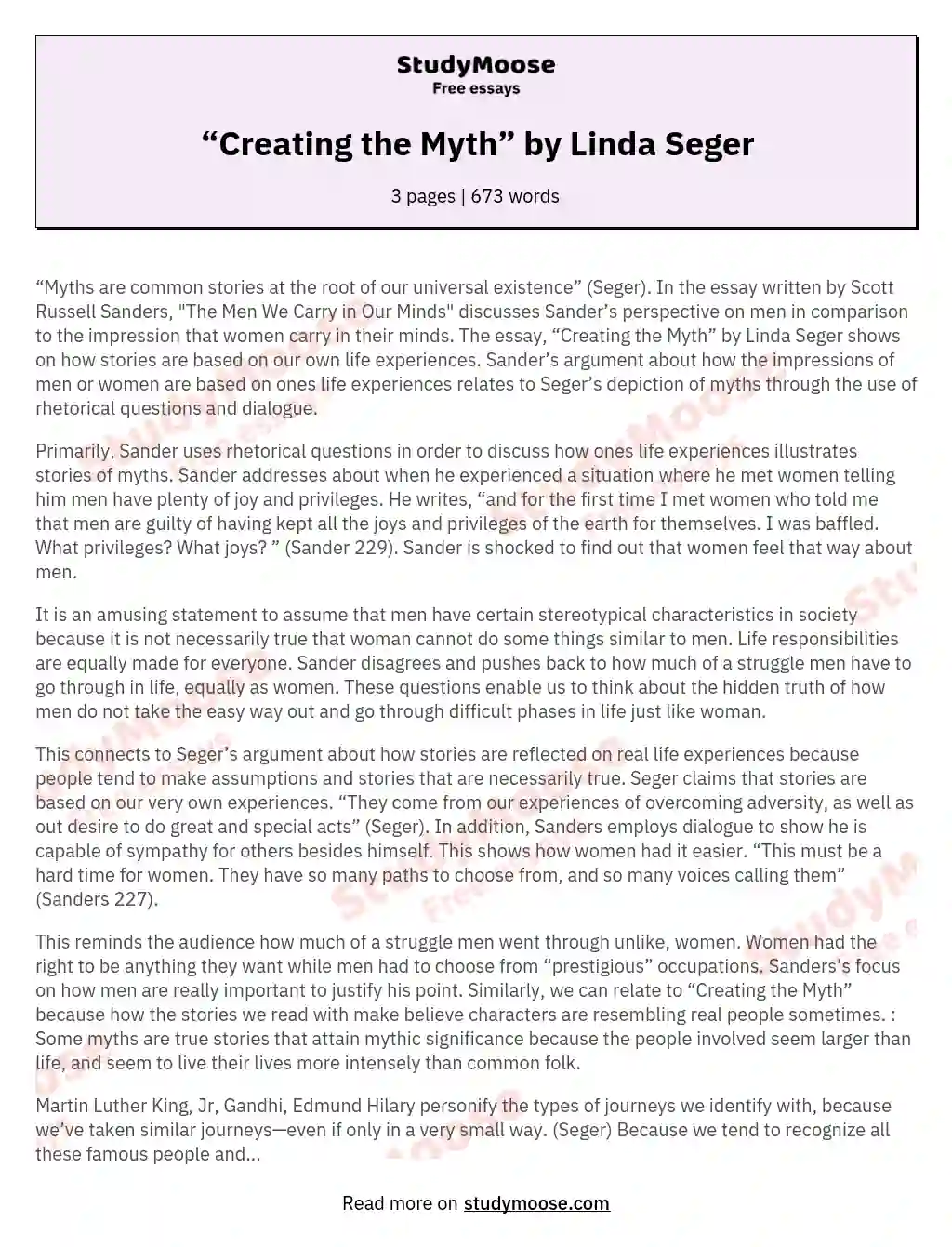 “Creating the Myth” by Linda Seger essay