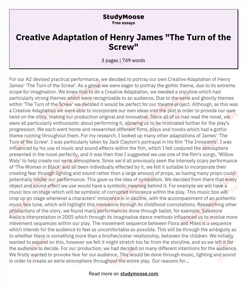 Creative Adaptation of Henry James "The Turn of the Screw" essay