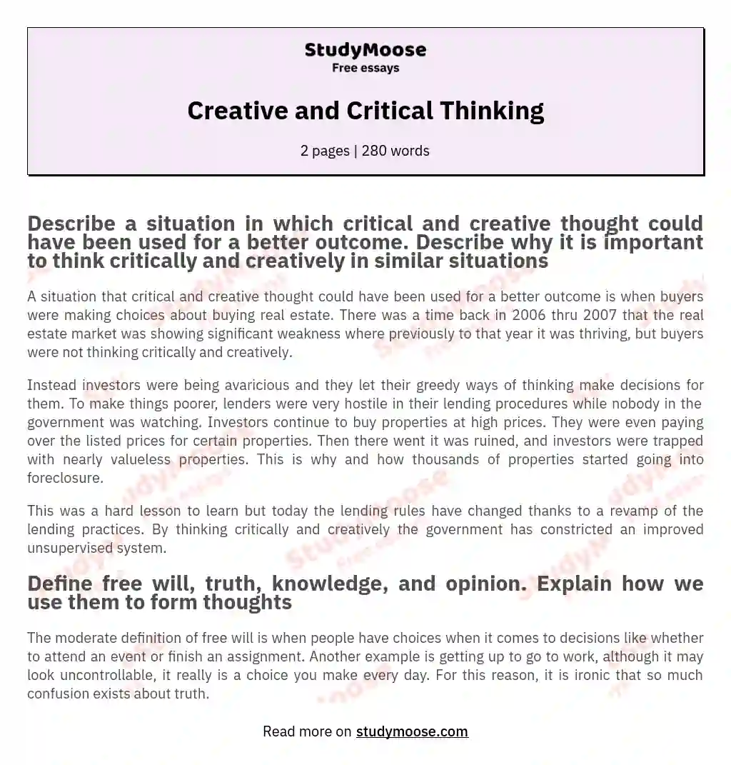 Creative and  Critical Thinking essay