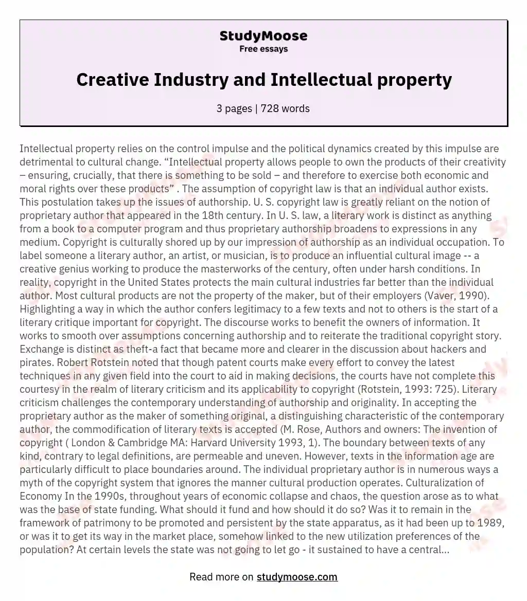 Creative Industry and Intellectual property essay