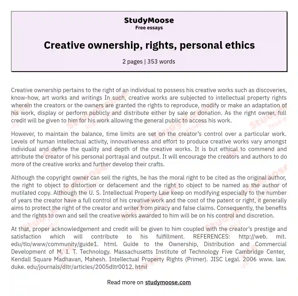 Creative ownership, rights, personal ethics essay