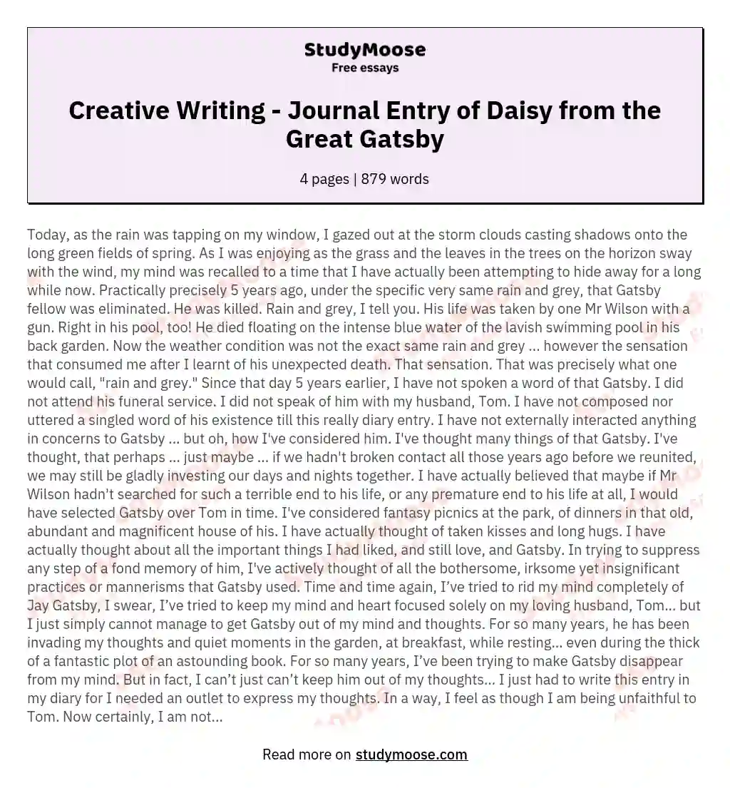 Creative Writing - Journal Entry of Daisy from the Great Gatsby essay