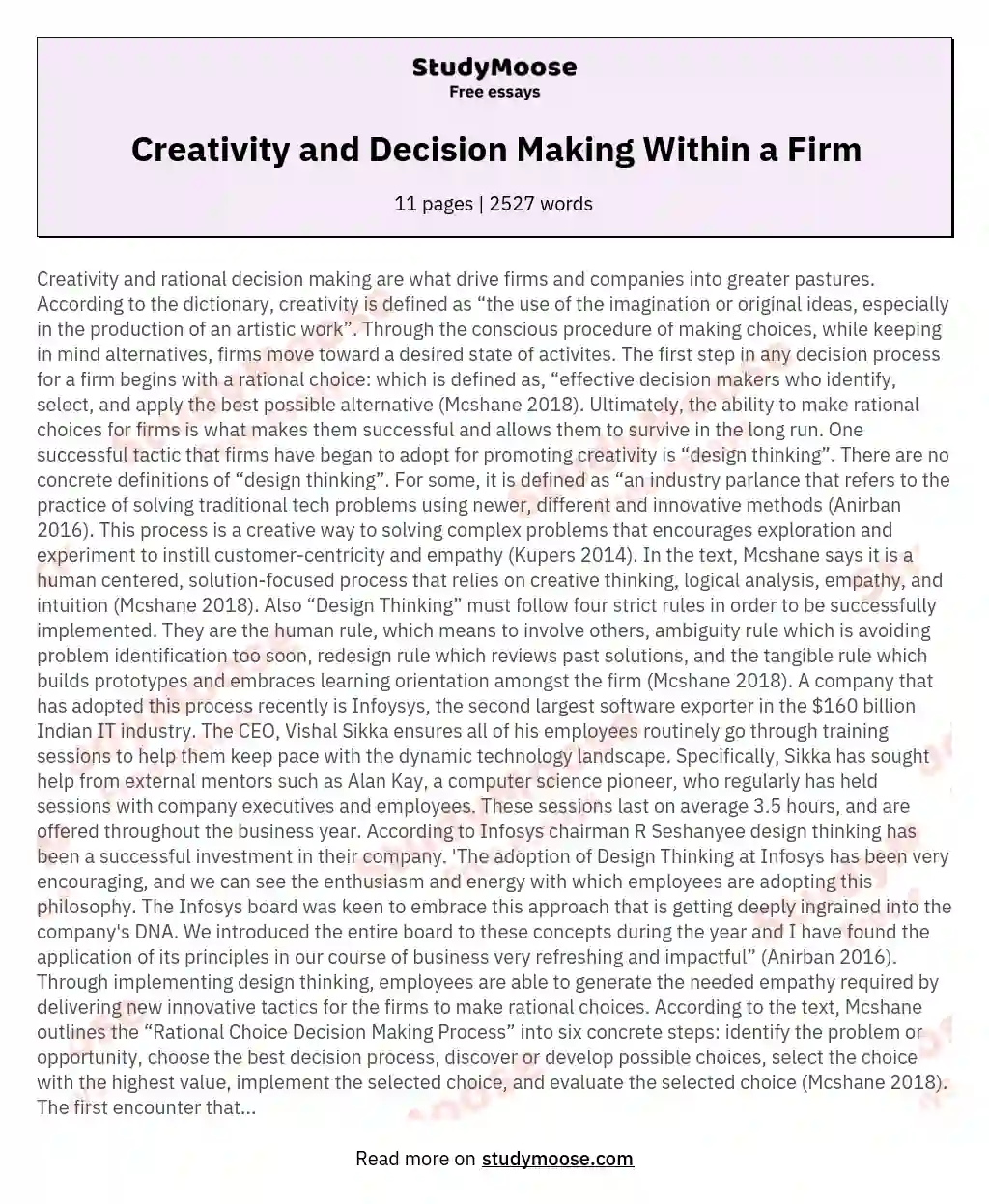 Creativity and Decision Making Within a Firm essay