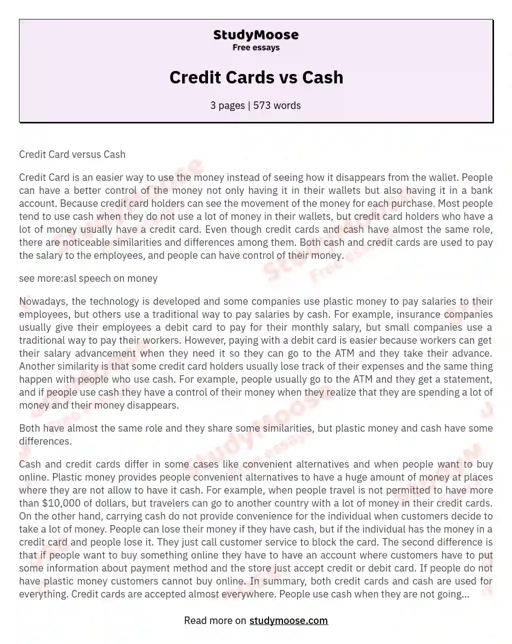 essay about cash vs credit card