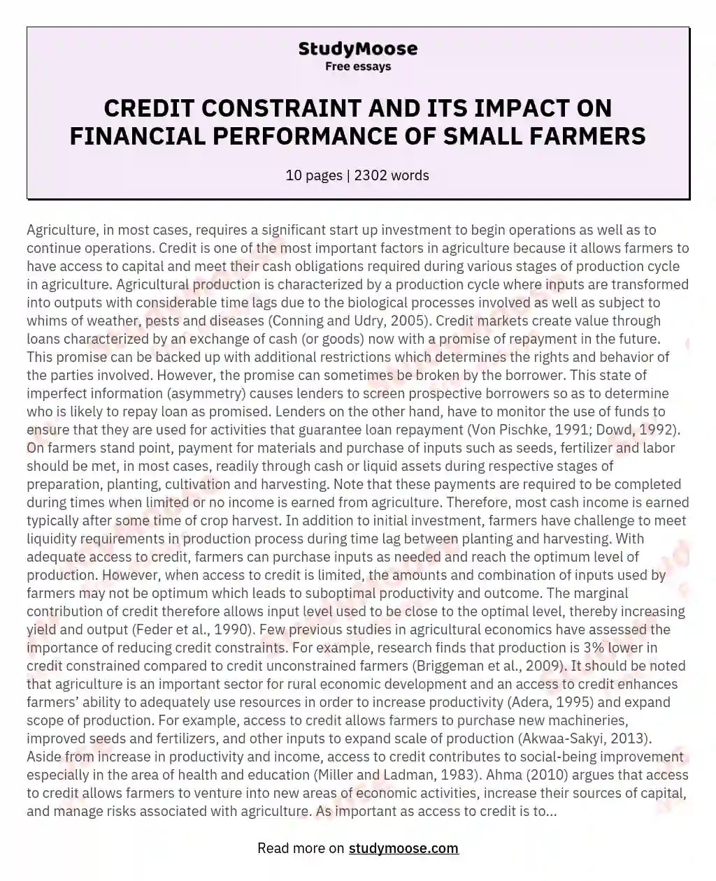 CREDIT CONSTRAINT AND ITS IMPACT ON FINANCIAL PERFORMANCE OF SMALL FARMERS essay