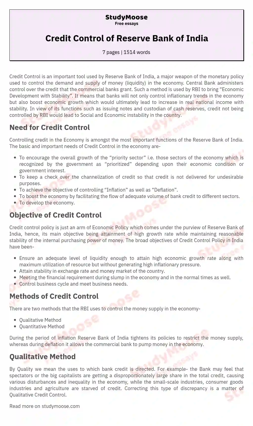 Credit Control of Reserve Bank of India essay