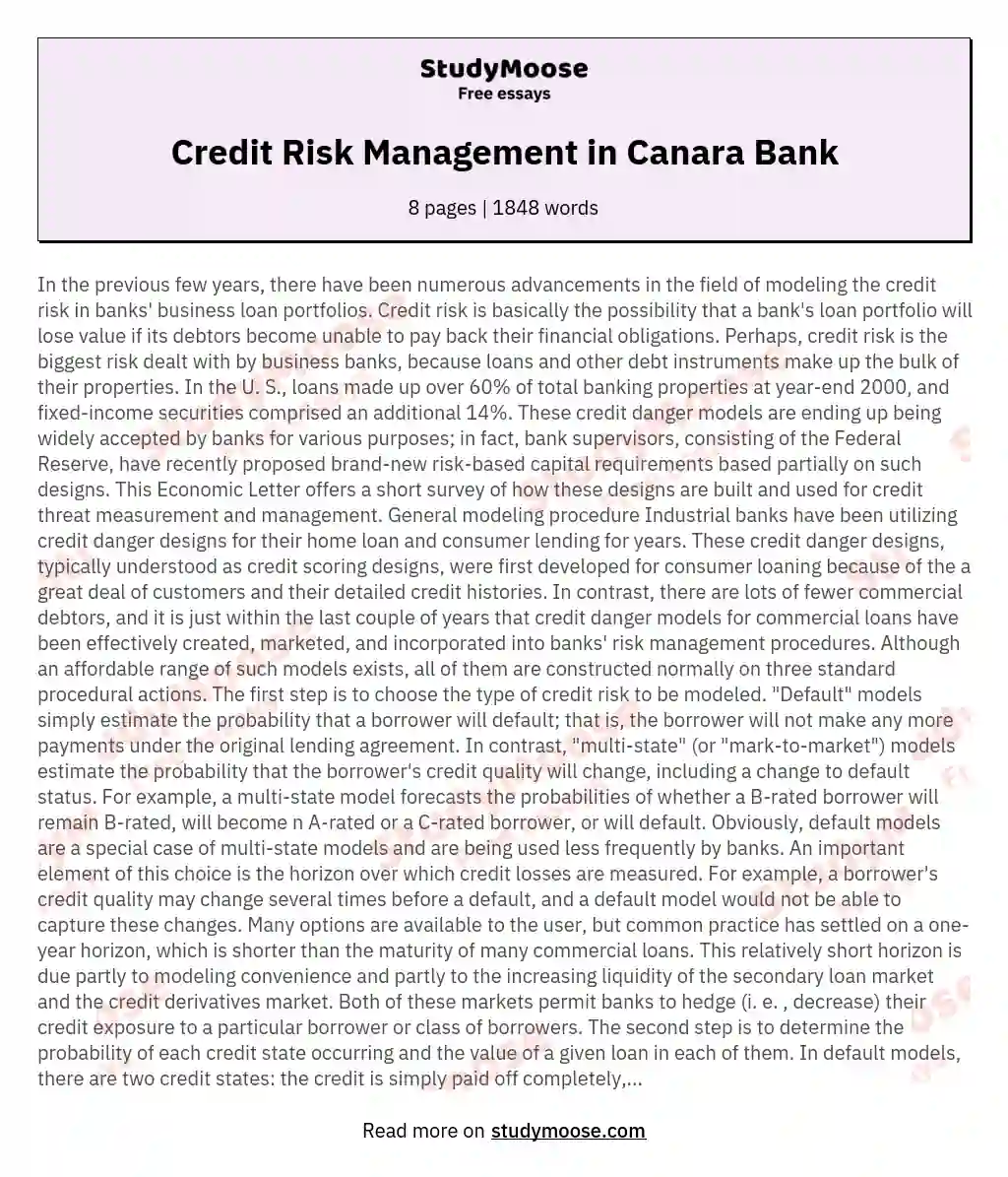 Credit Risk Management in Canara Bank essay
