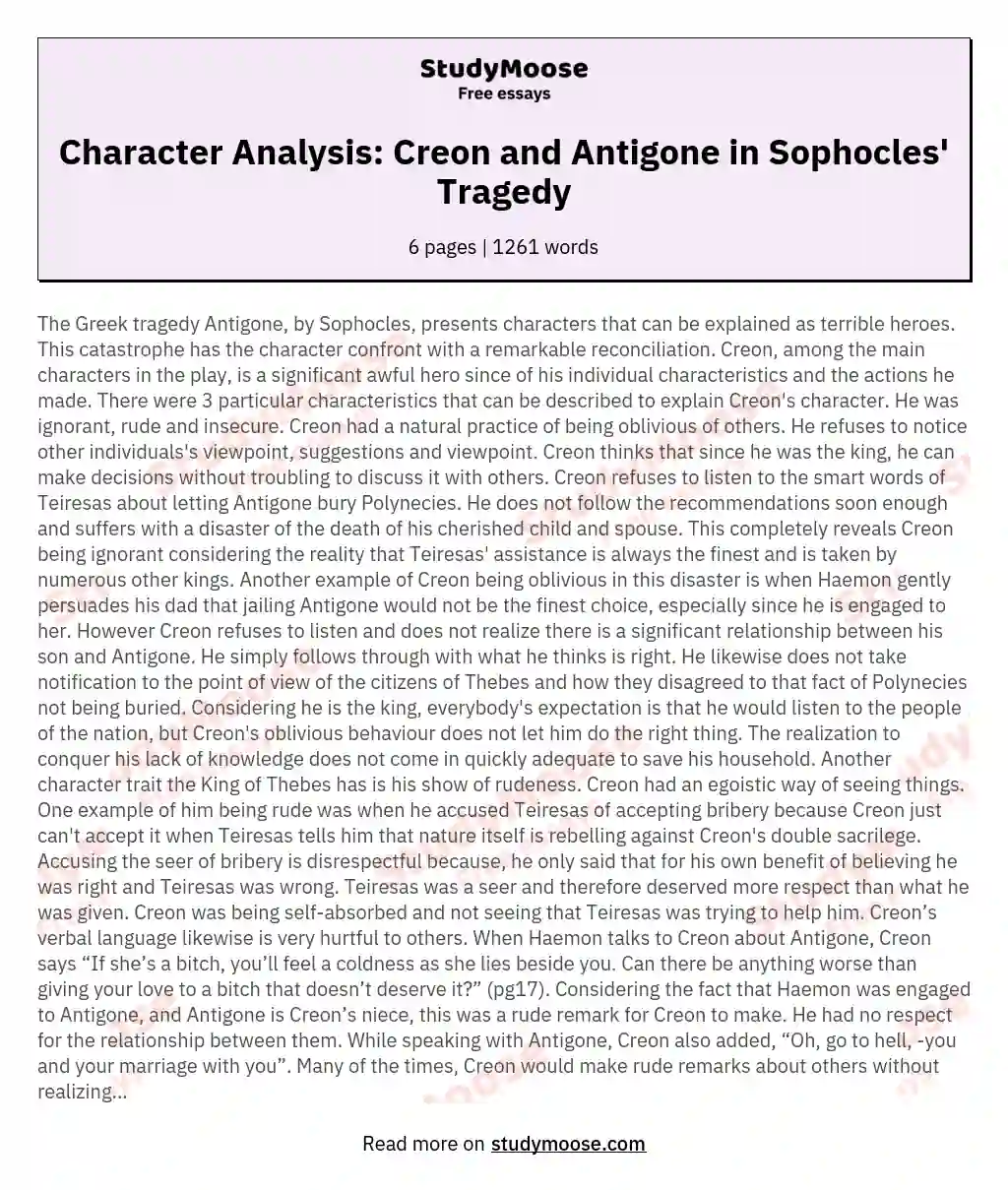 Character Analysis: Creon and Antigone in Sophocles' Tragedy essay