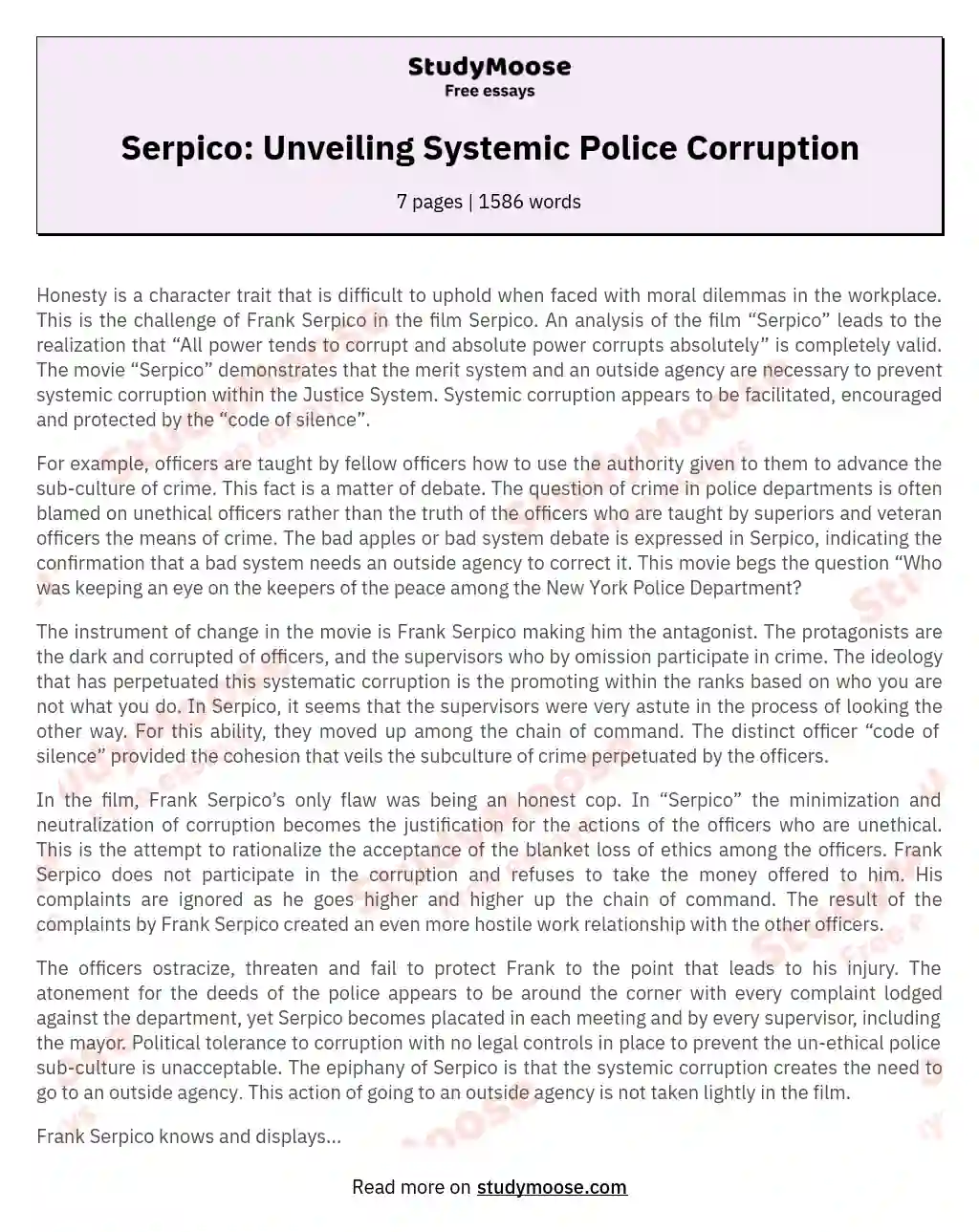 Serpico: Unveiling Systemic Police Corruption essay