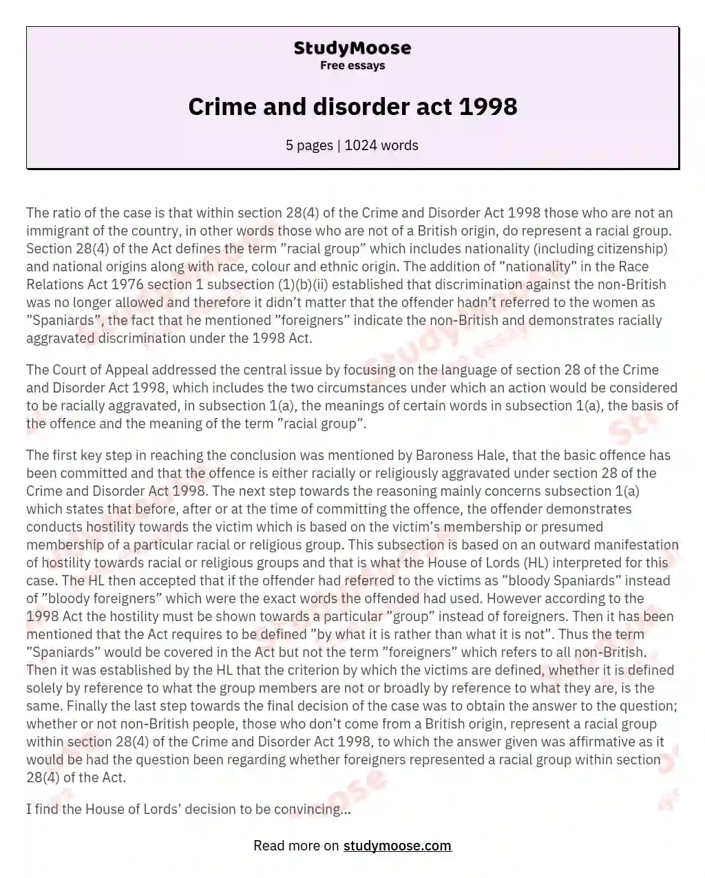 Crime and disorder act 1998 essay