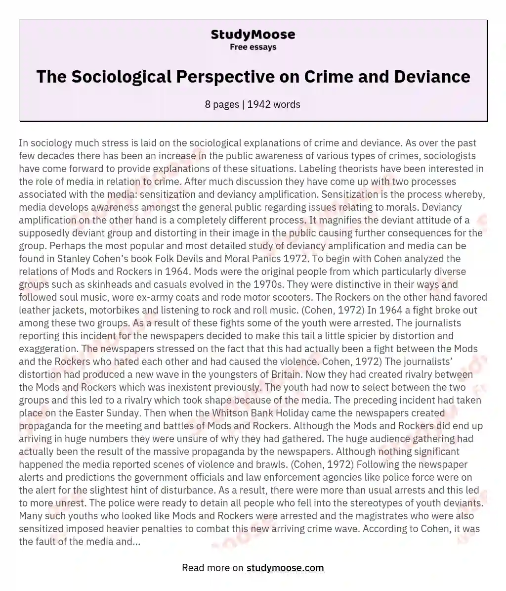 The Sociological Perspective On Crime And Deviance Free Essay Example