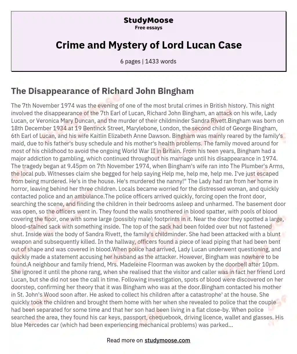 Crime and Mystery of Lord Lucan Case