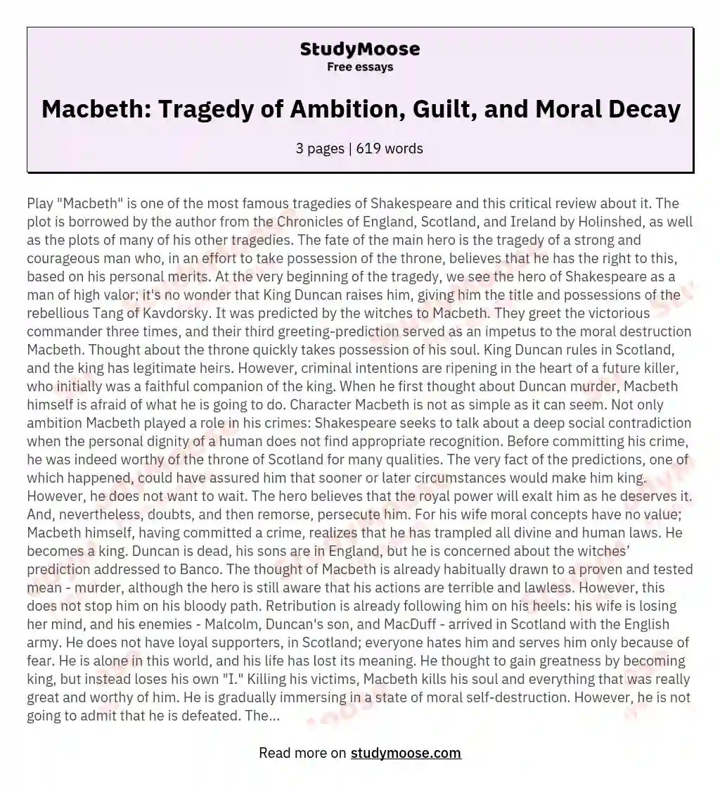 Macbeth: Tragedy of Ambition, Guilt, and Moral Decay essay
