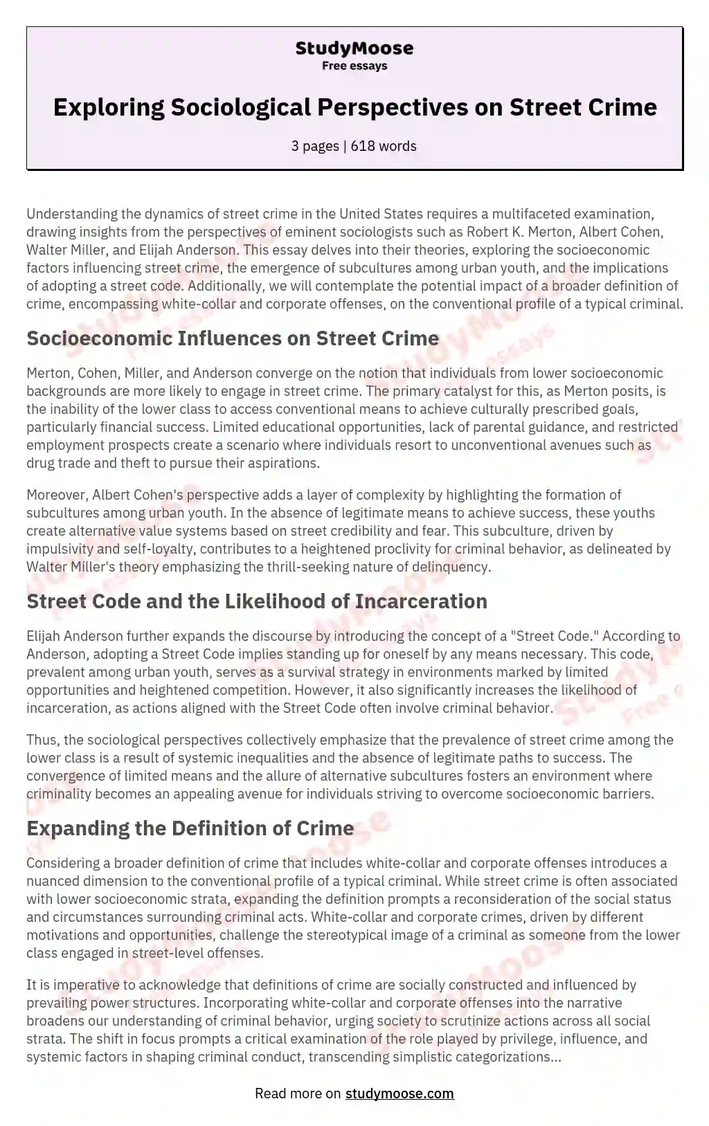 Exploring Sociological Perspectives on Street Crime essay