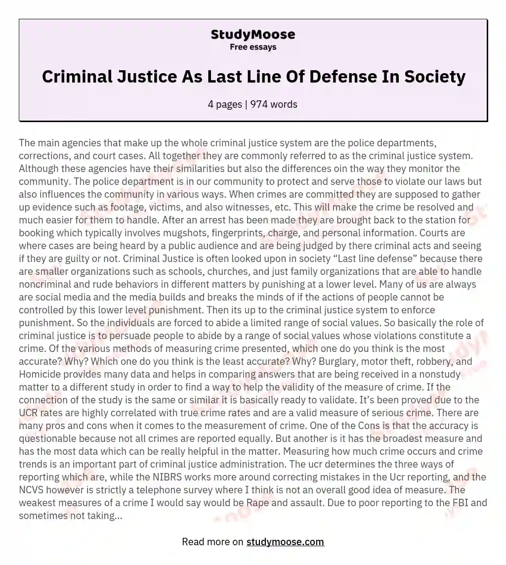 Criminal Justice As Last Line Of Defense In Society essay