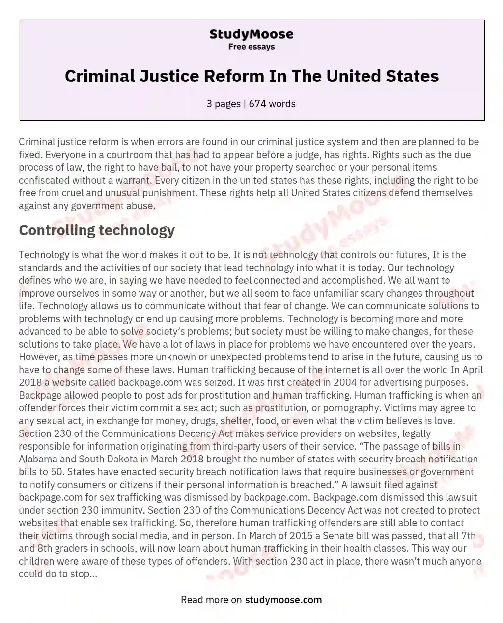 Criminal Justice Reform In The United States essay