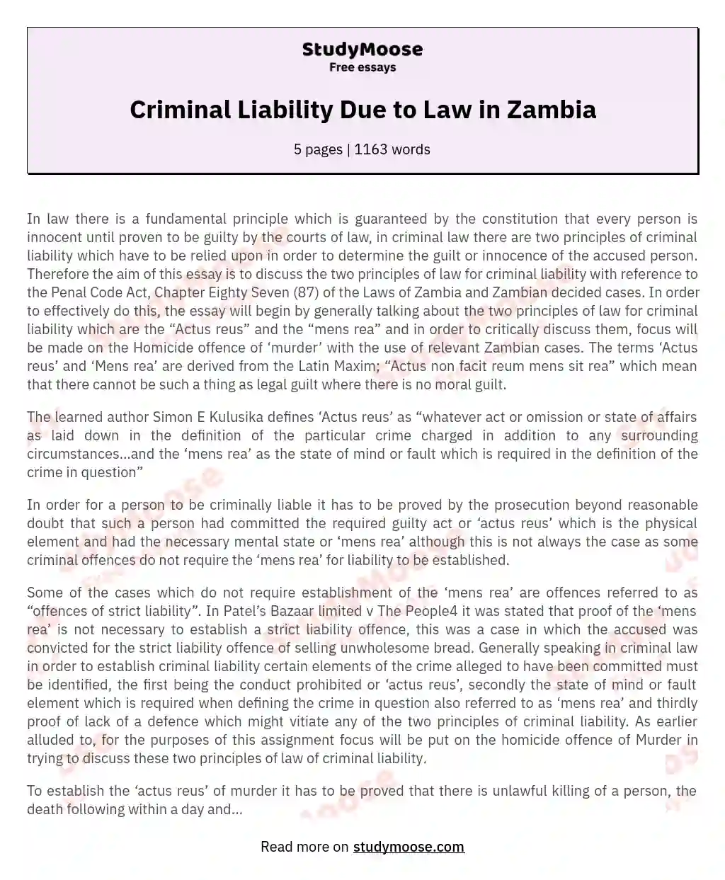 Criminal Liability Due to Law in Zambia essay