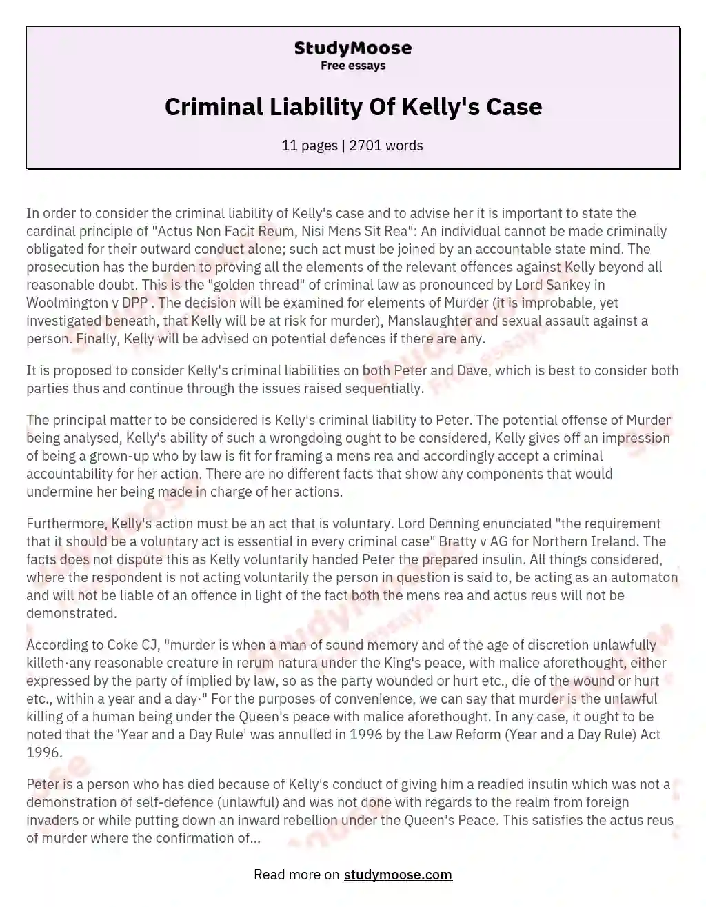 Criminal Liability Of Kelly's Case