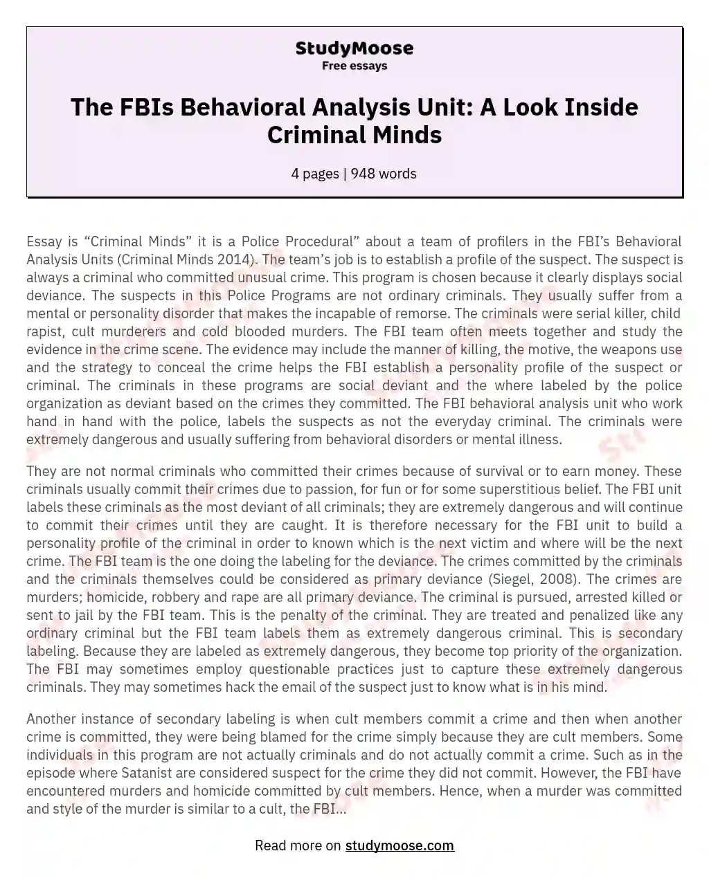 The FBIs Behavioral Analysis Unit: A Look Inside Criminal Minds essay