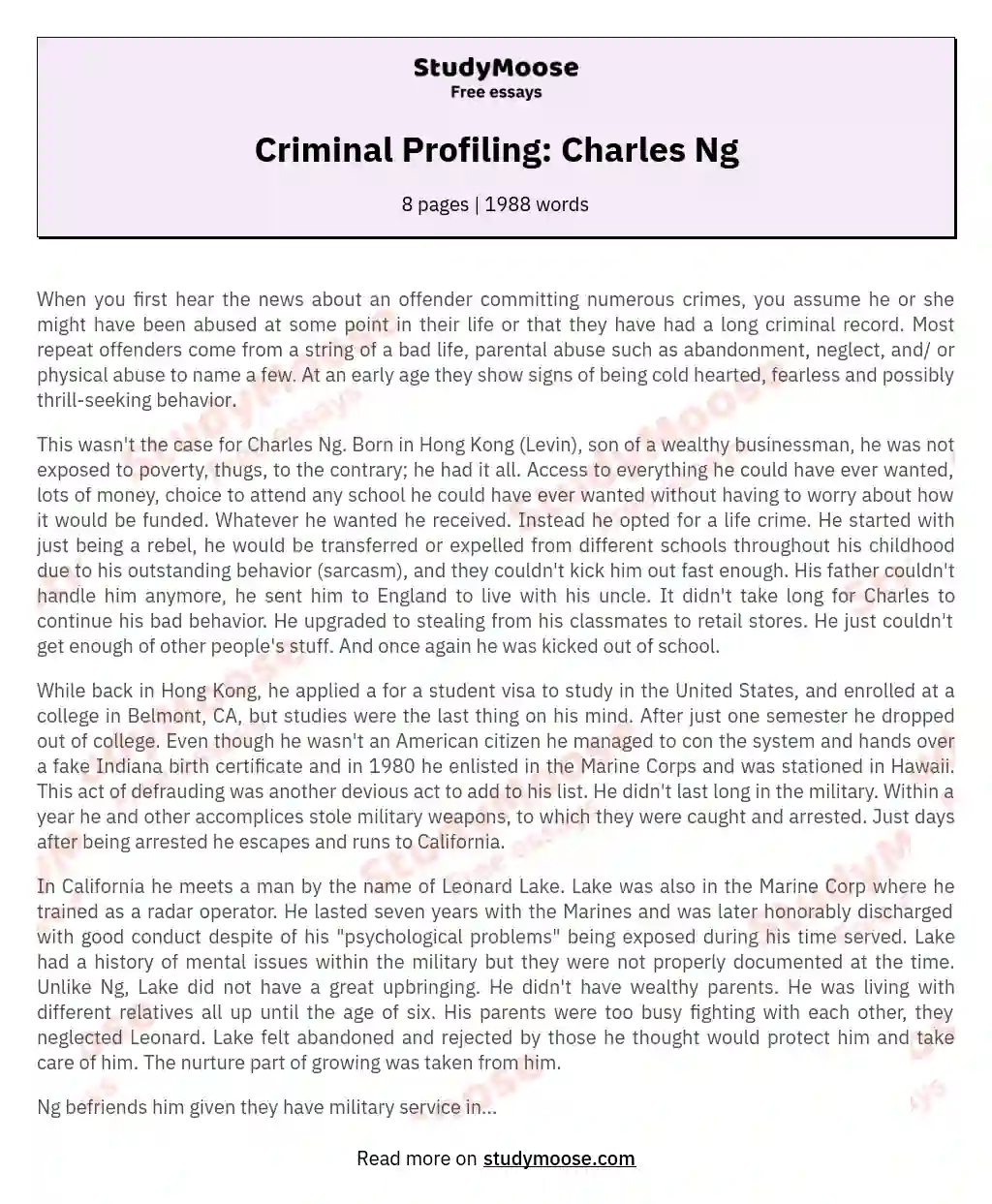 Criminal Profiling: Charles Ng essay