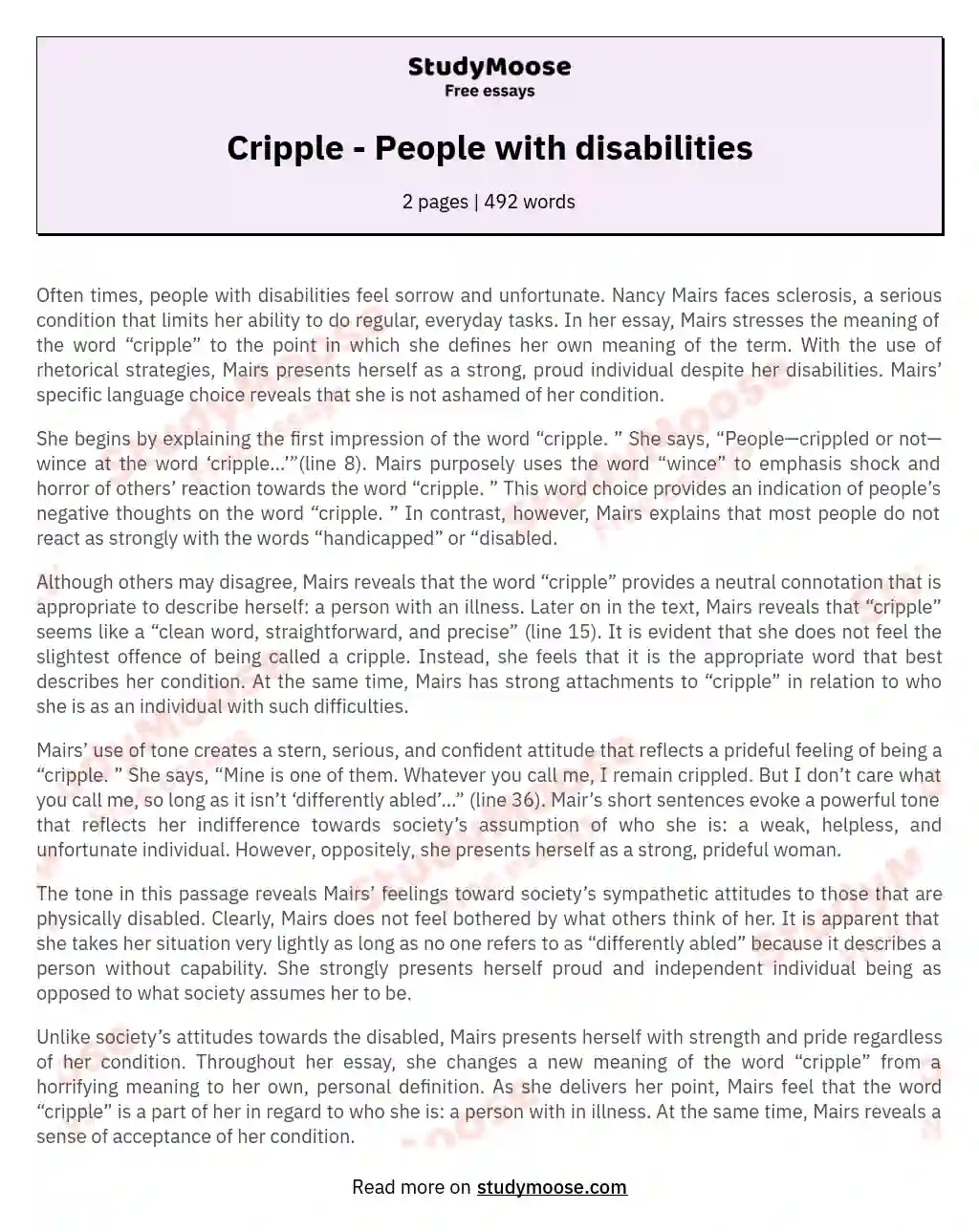 Embracing Resilience: Nancy Mairs' Redefinition of "Cripple" essay