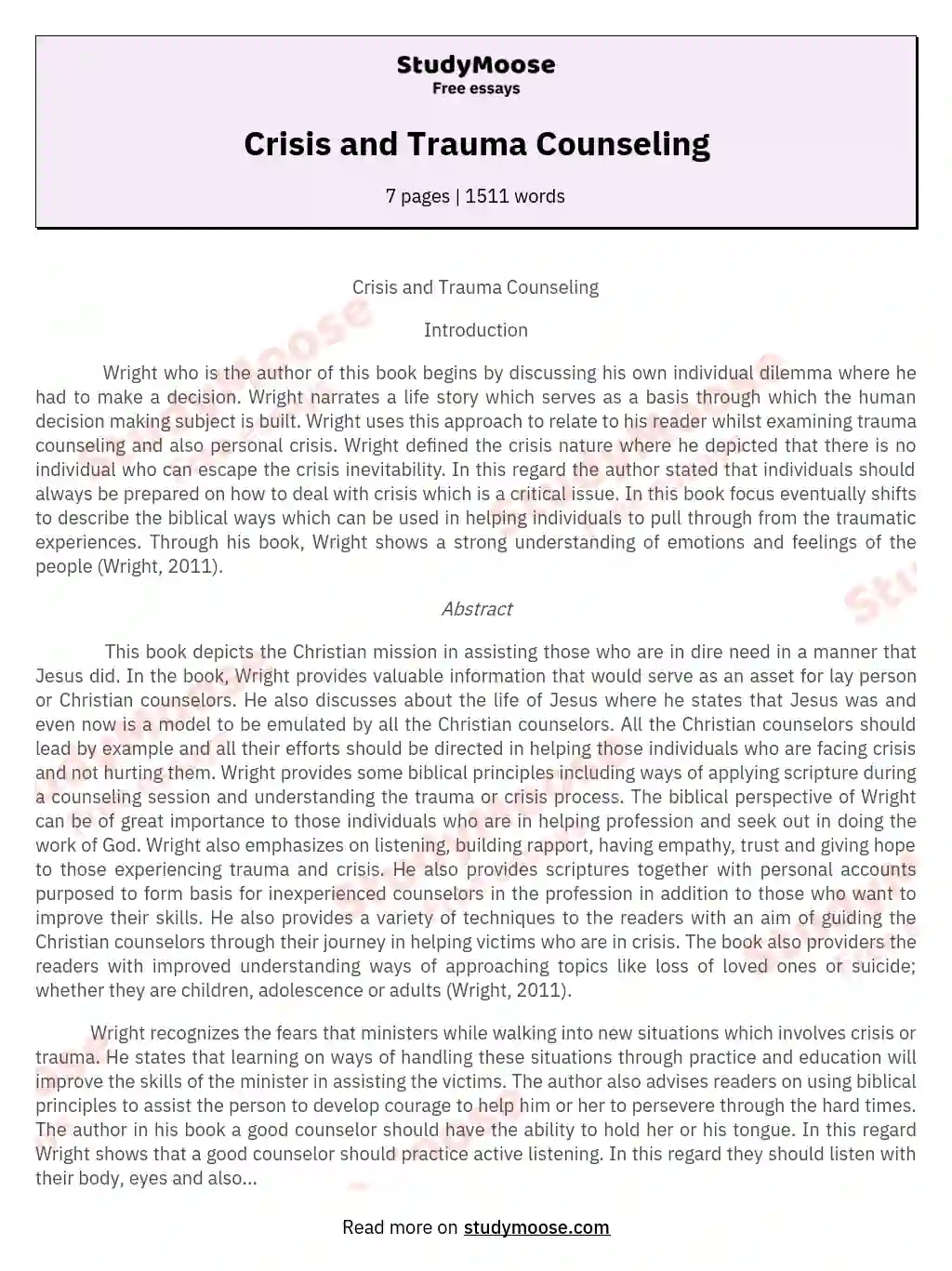 Crisis and Trauma Counseling essay