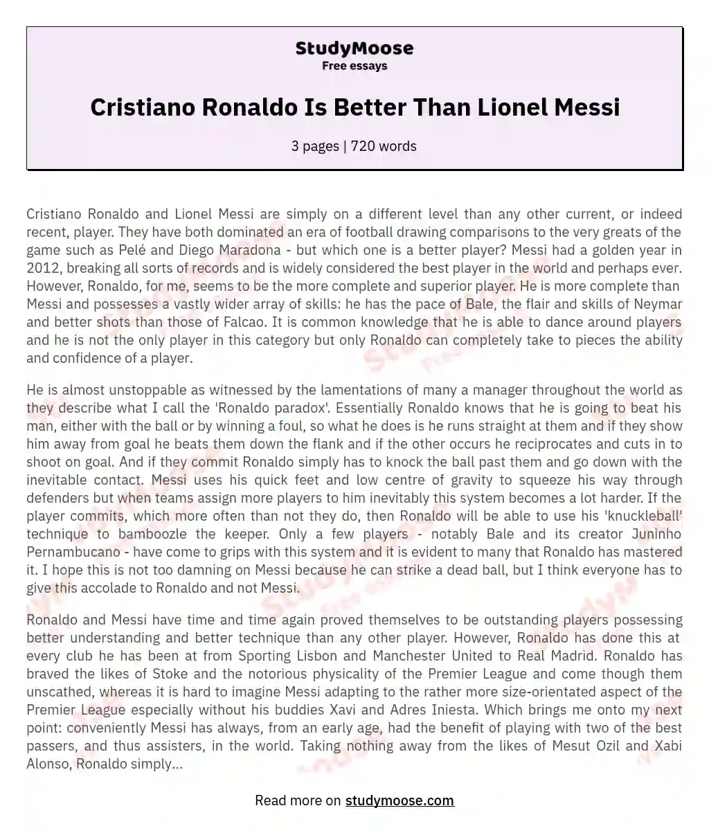 Cristiano Ronaldo Is Better Than Lionel Messi essay