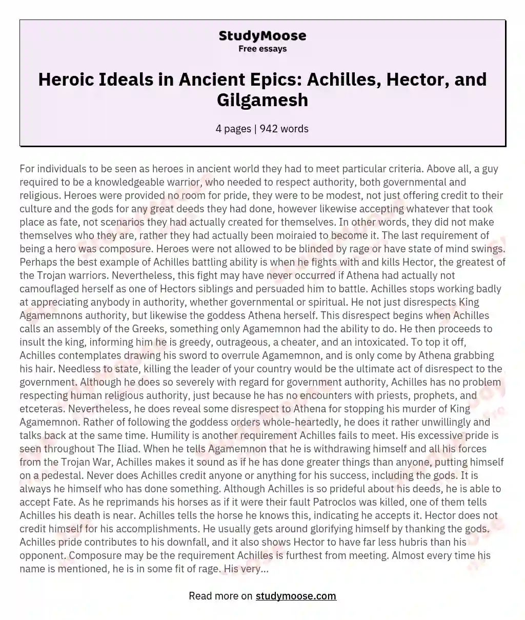 Heroic Ideals in Ancient Epics: Achilles, Hector, and Gilgamesh essay